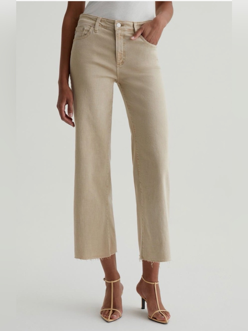 AG Saige size 26 mid rise wide leg crop jean in sulpher pumice color.